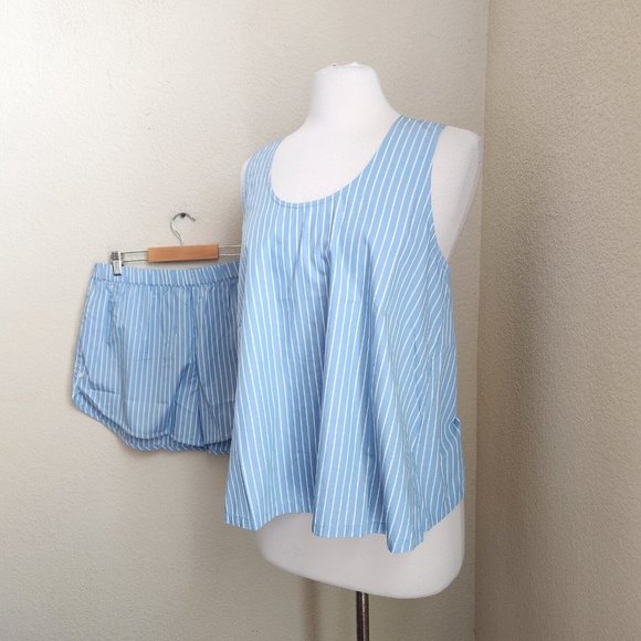 LAKE Pajama 2-PC Set LARGE Top Shorts Blue White Stripe 100% Cotton - Picture 16 of 16